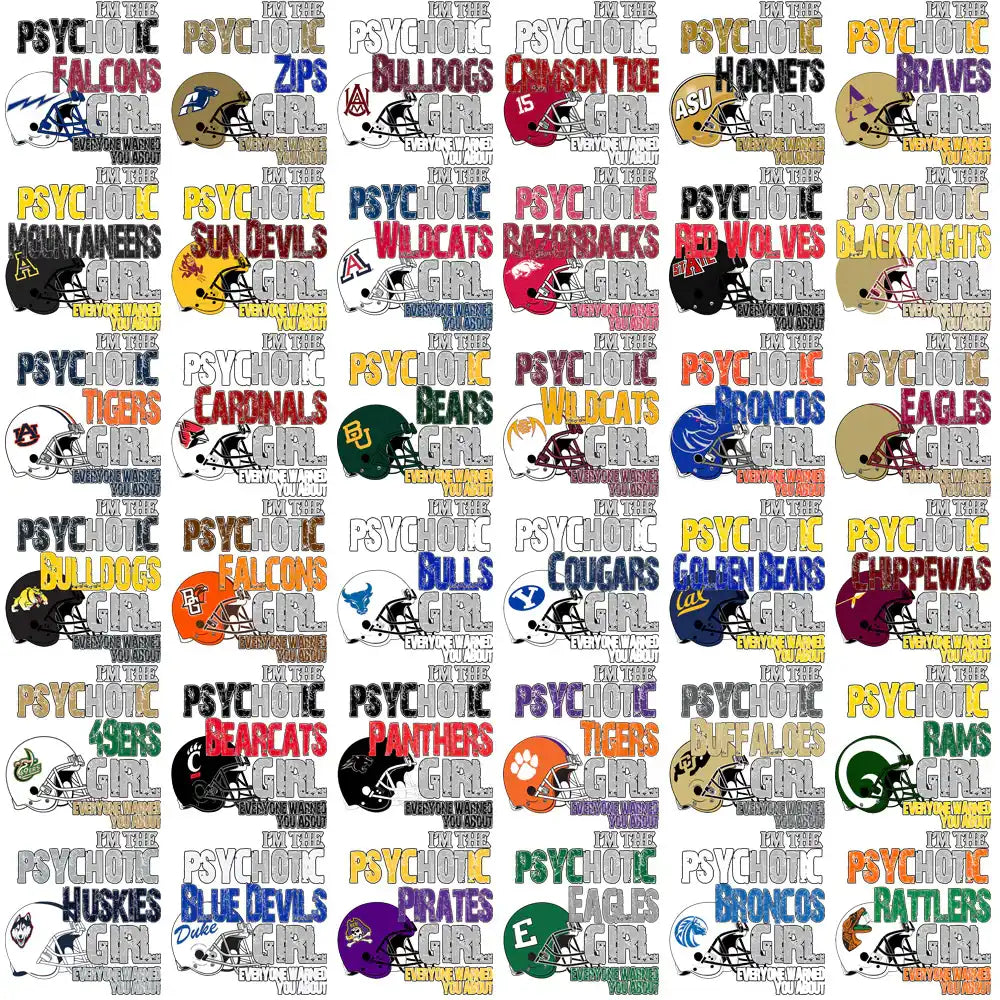 Psychotic Girl football helmet designs for DTF/DTG, embroidery, and tumbler wraps, featuring team logos and vibrant colors.