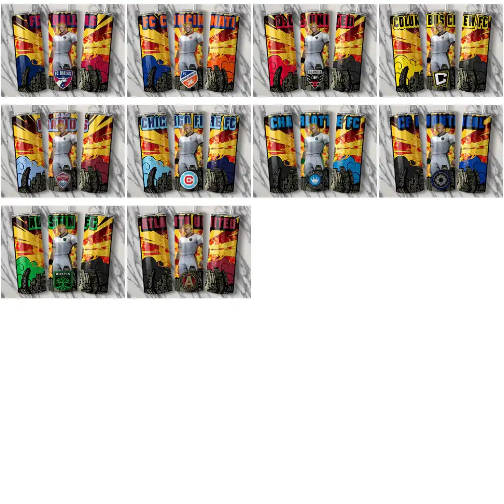 Soccer-themed tumbler wraps with vibrant cityscape designs and team logos for DTF/DTG printing.