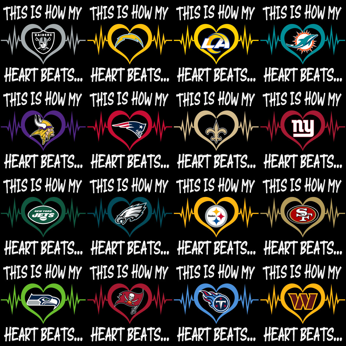 32 Heart Beat Football Teams Designs Bundle PNG