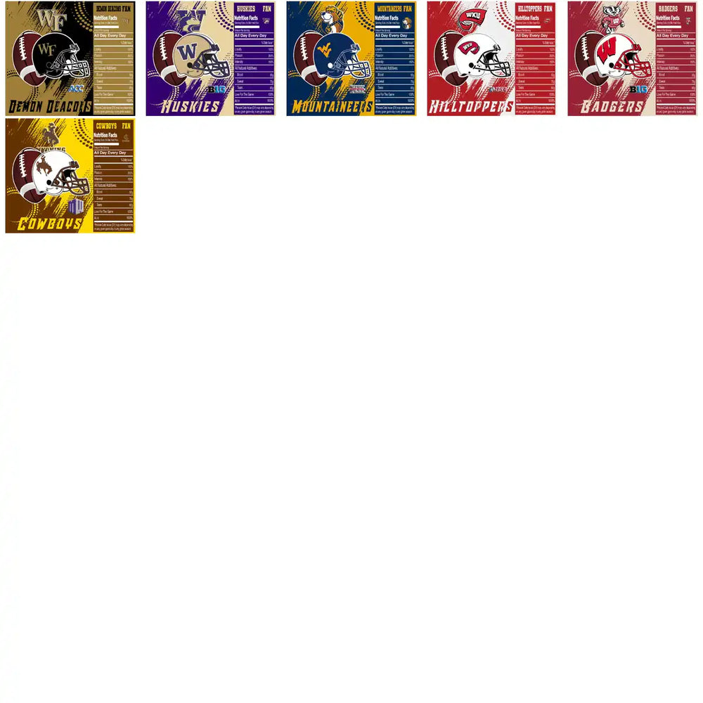 College football team fan designs with helmets, footballs, and nutrition facts labels for DTF DTG printing
