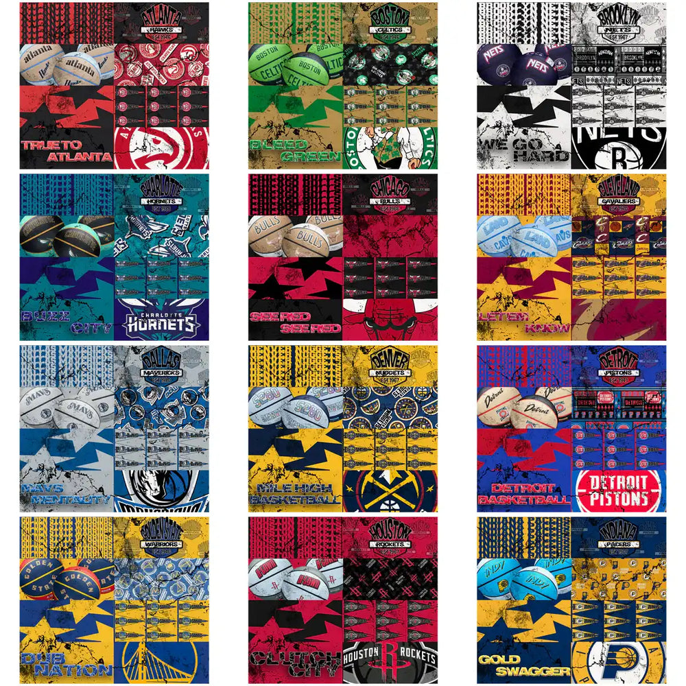 NBA team-themed DTF/DTG designs featuring Atlanta Hawks, Boston Celtics, Brooklyn Nets, Charlotte Hornets, Chicago Bulls, Cleveland Cavaliers, Dallas Mavericks, Denver Nuggets, Detroit Pistons, Golden State Warriors, Houston Rockets, Indiana Pacers. Print-ready PNG, PES, SVG for instant download.