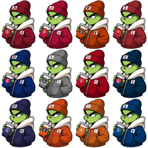 Grinch in winter jackets & beanies holding coffee cups, print-ready DTF/DTG designs