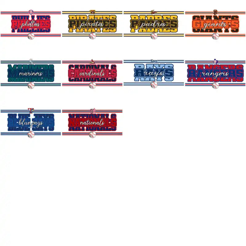 MLB team logos for DTF/DTG printing: Phillies, Pirates, Padres, Giants, Mariners, Cardinals, Rays, Rangers, Blue Jays, Nationals