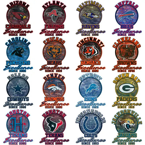 NFL team logos with 'Excellence Since' text, ideal for DTF/DTG and embroidery designs