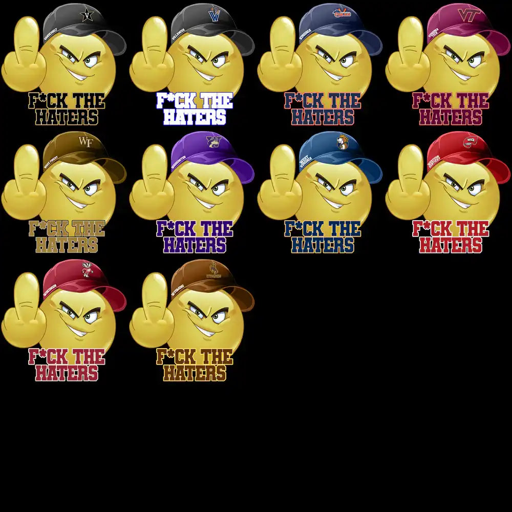 F*CK THE HATERS emoji designs with college hats, print-ready for DTG, DTF, embroidery