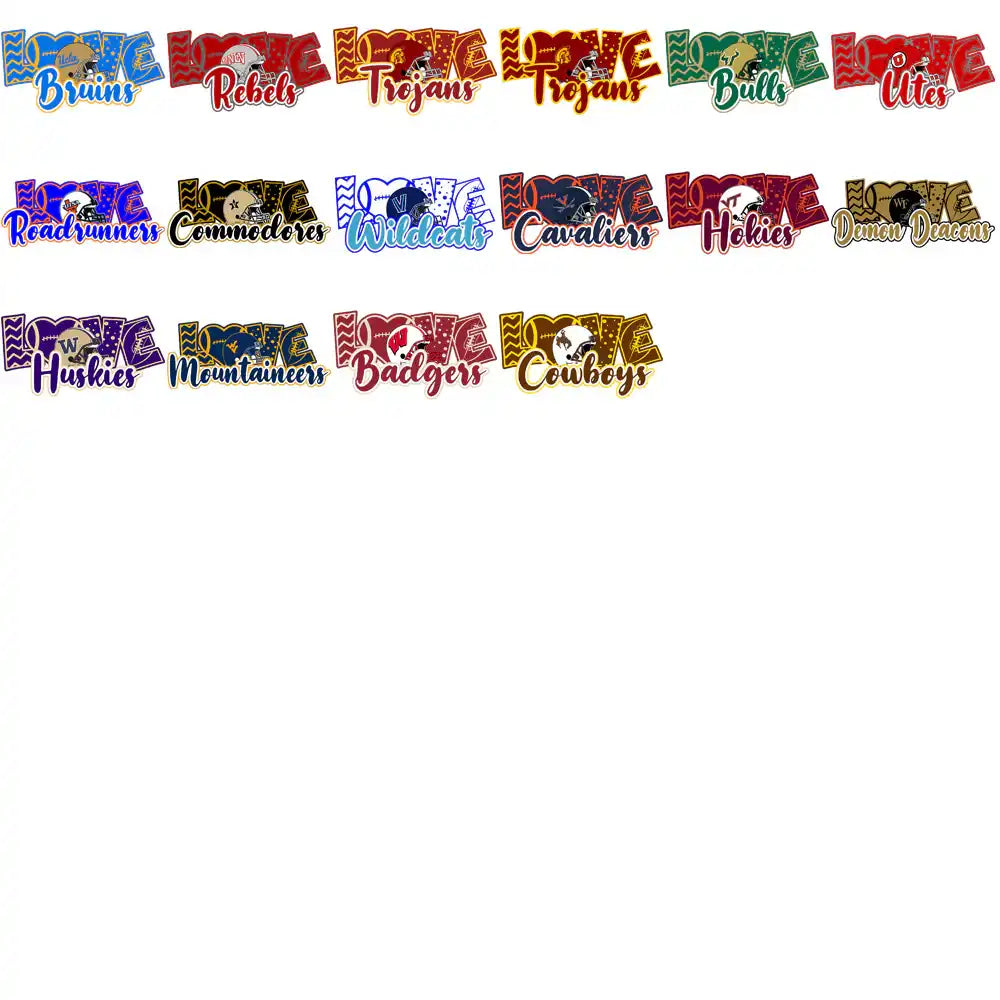 College football team logos with 'LOVE' text, ideal for DTF/DTG and embroidery designs.
