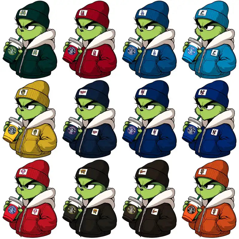 Grinch in colorful hoodies and beanies holding coffee cups, print-ready design bundle