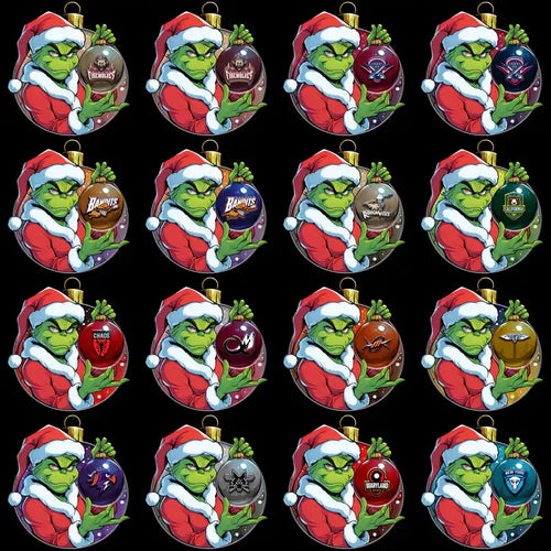 Grinch in Santa suit holding colorful Christmas ornaments with team logos, festive holiday design