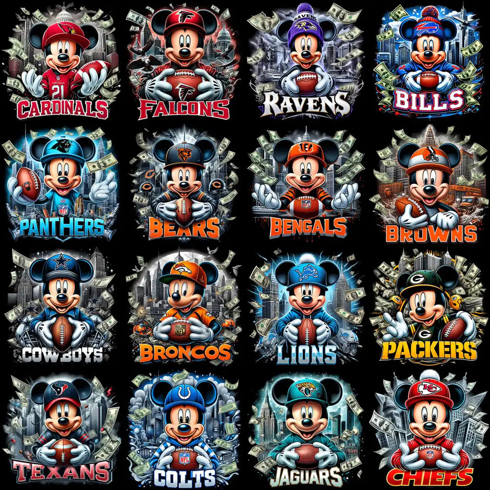 Mickey Mouse NFL team designs with footballs and cityscapes for DTF/DTG printing