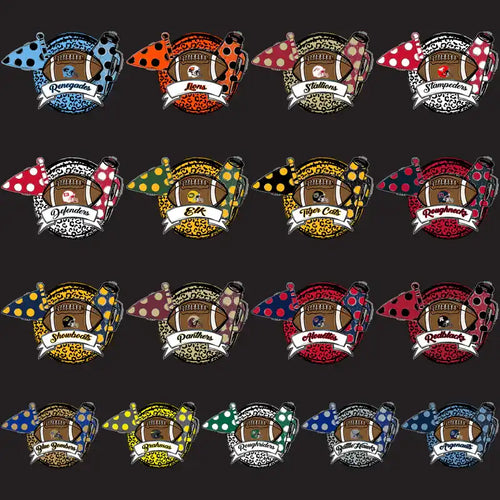 Football team logos with polka dot and leopard print designs, print-ready for DTF DTG embroidery