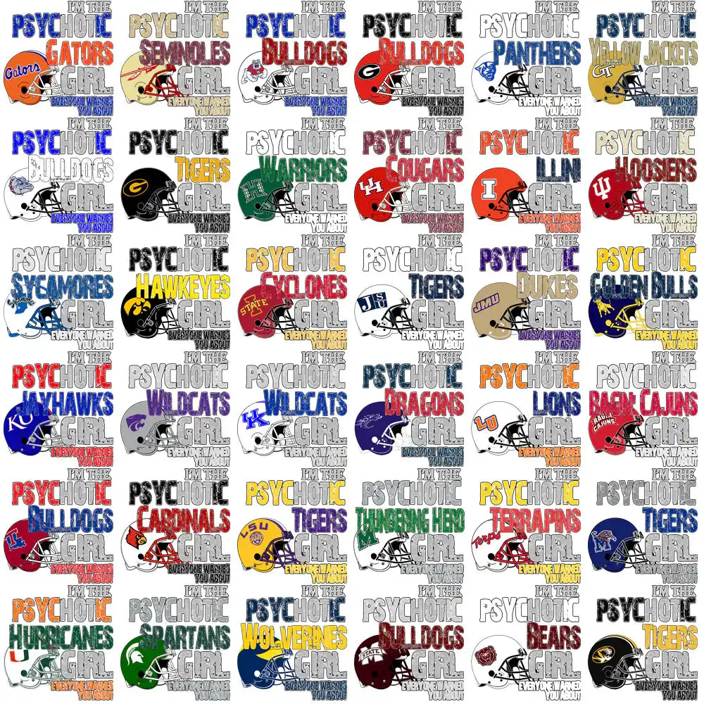 Psychotic Girl college football team designs for DTF DTG embroidery, print-ready PNG SVG bundles