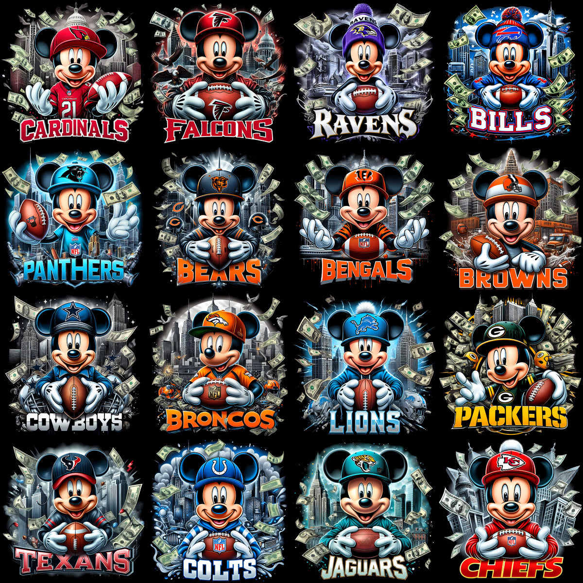 32 Cartoon Mickey Money Football Teams Designs Bundle PNG