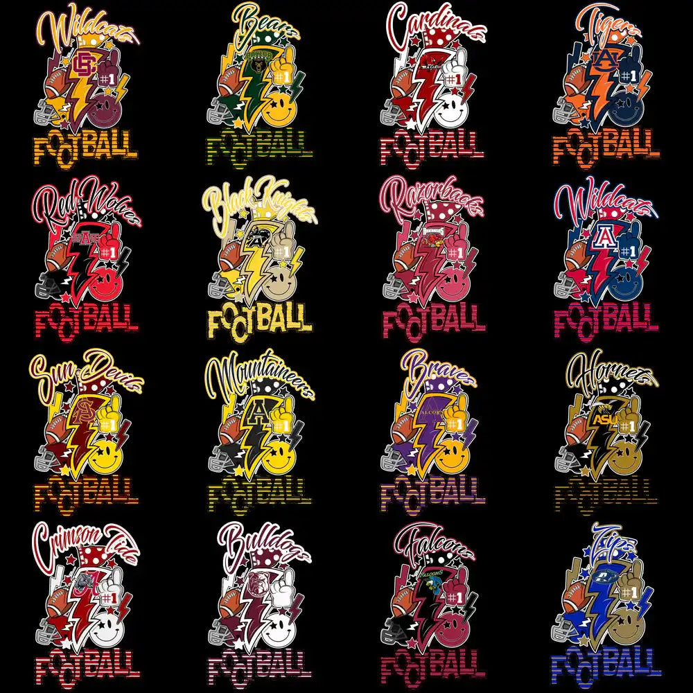 16 colorful football team designs with helmets, lightning bolts, and #1 graphics for DTF/DTG printing