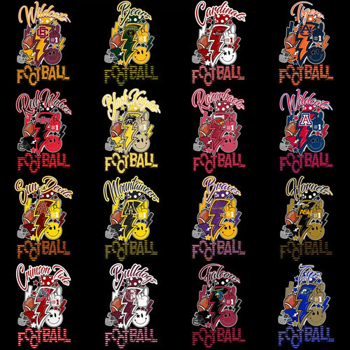 16 colorful football team designs with helmets, lightning bolts, and #1 graphics for DTF/DTG printing