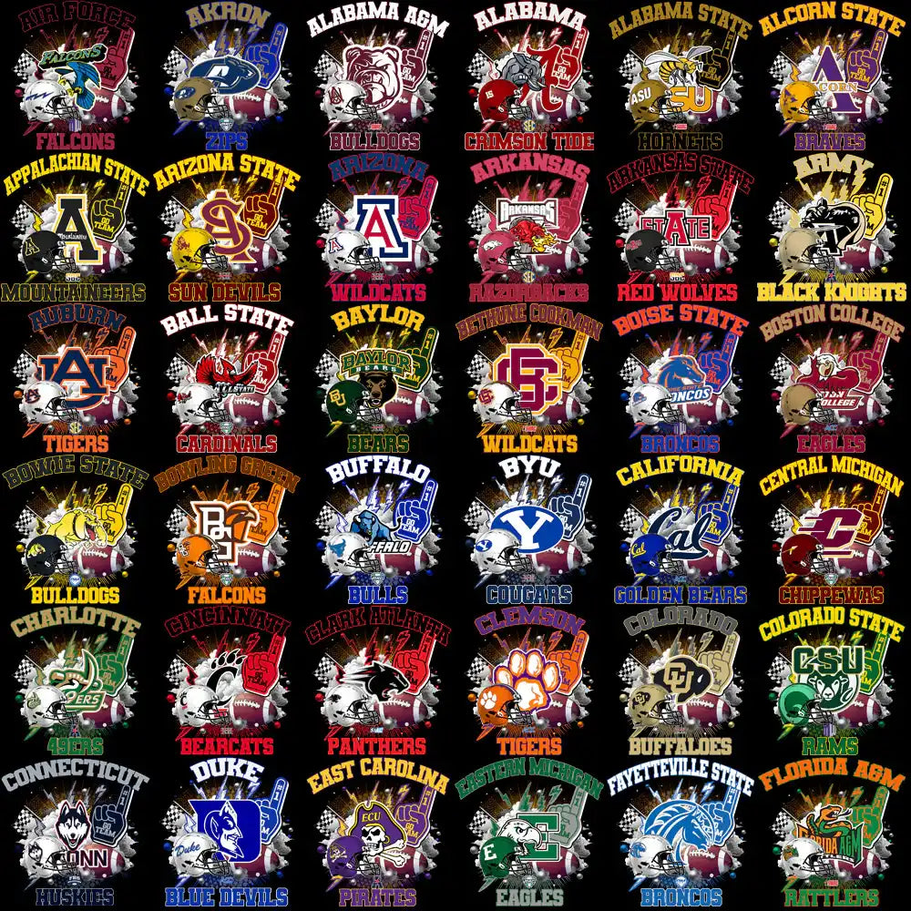 College football team designs for DTF DTG printing, featuring logos, helmets, and spirit hands in vibrant colors.