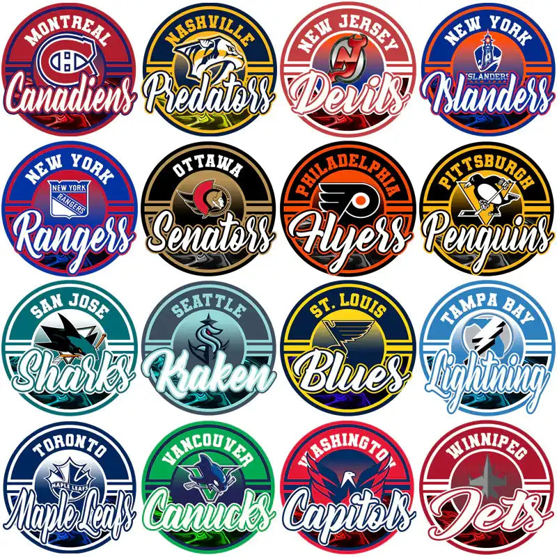 NHL team logos including Canadiens, Predators, Devils, Islanders, Rangers, Senators, Flyers, Penguins, Sharks, Kraken, Blues, Lightning, Maple Leafs, Canucks, Capitals, Jets