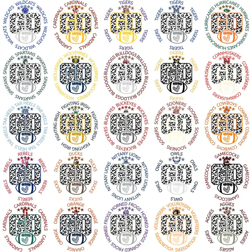 College football team logos with leopard print 'GO' designs, heart footballs, and team names for DTF/DTG printing