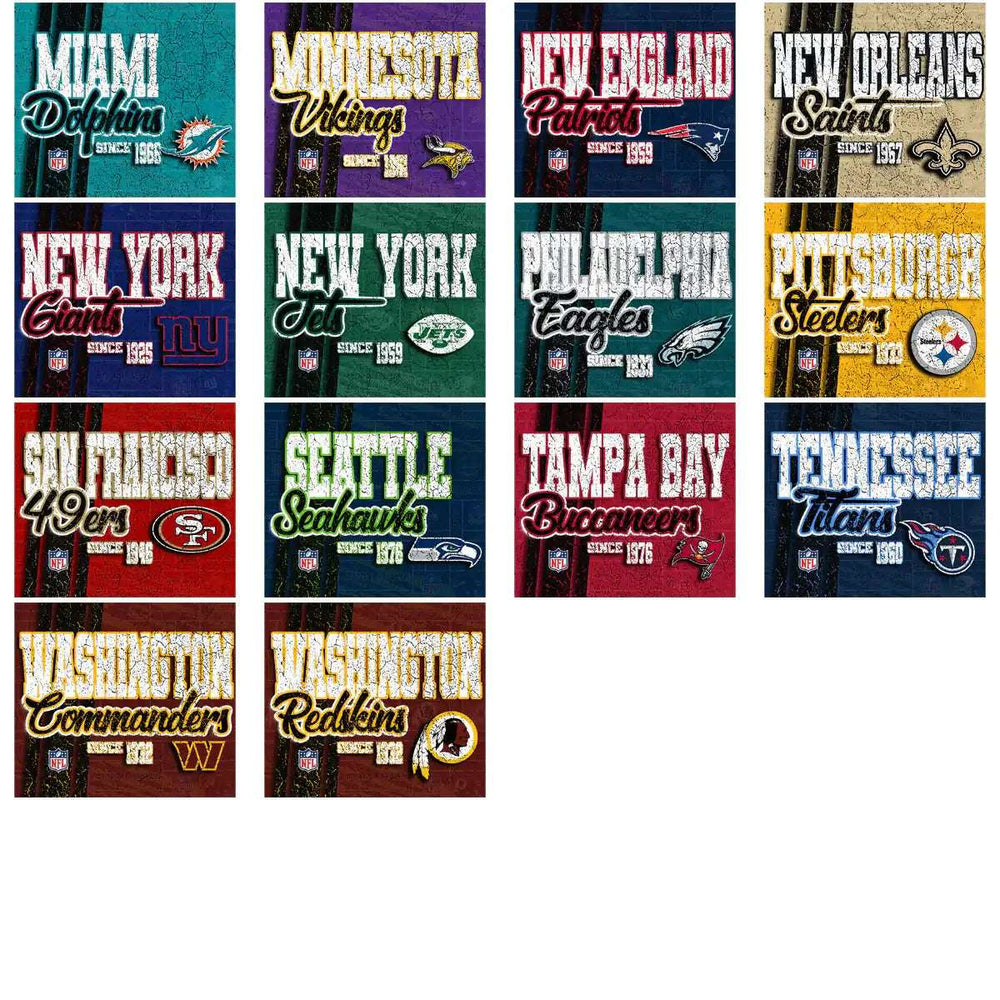 NFL team logos with vintage designs for DTF/DTG and embroidery, featuring Miami Dolphins, Vikings, Patriots, and more.