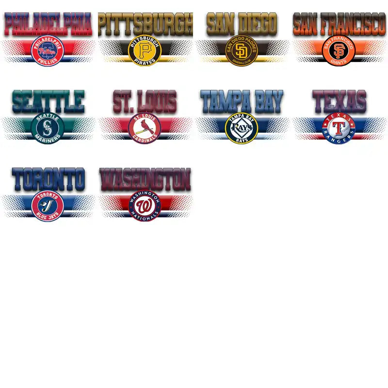Baseball team logos for Philadelphia, Pittsburgh, San Diego, San Francisco, Seattle, St. Louis, Tampa Bay, Texas, Toronto, Washington