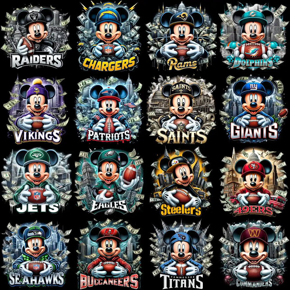 Mickey Mouse NFL team designs for DTF/DTG, embroidery, tumbler wraps — print-ready PNG, SVG, PES