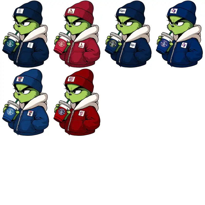 Grinch in winter jackets and beanies holding coffee cups, print-ready design bundle