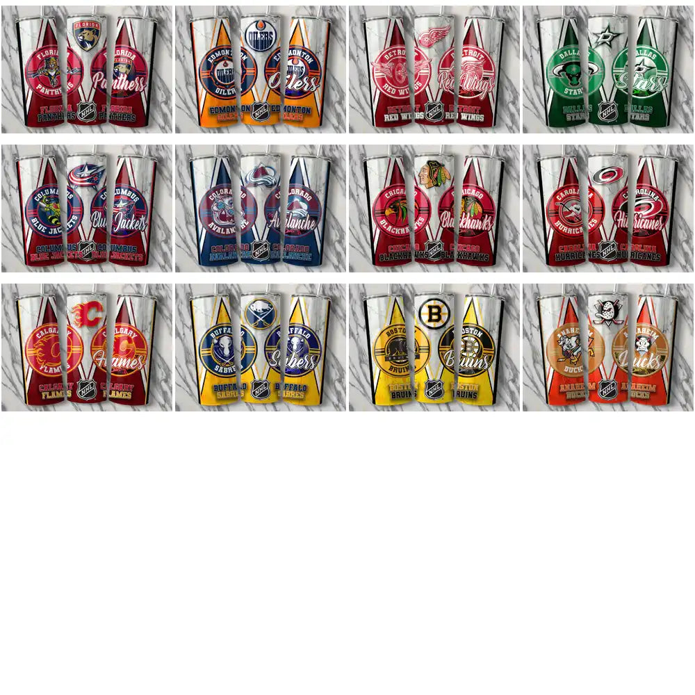 NHL team tumbler wraps for DTF/DTG printing, featuring Florida Panthers, Oilers, Red Wings, Stars, and more