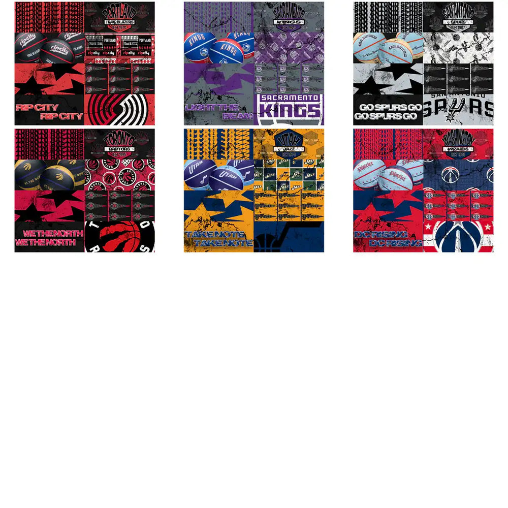 NBA team-themed DTF/DTG designs with basketballs, logos, and slogans for print-ready merch