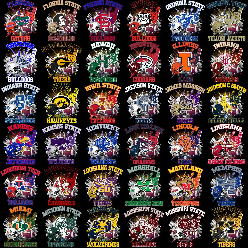College football team logos and mascots for DTF/DTG designs, featuring vibrant colors and school names.
