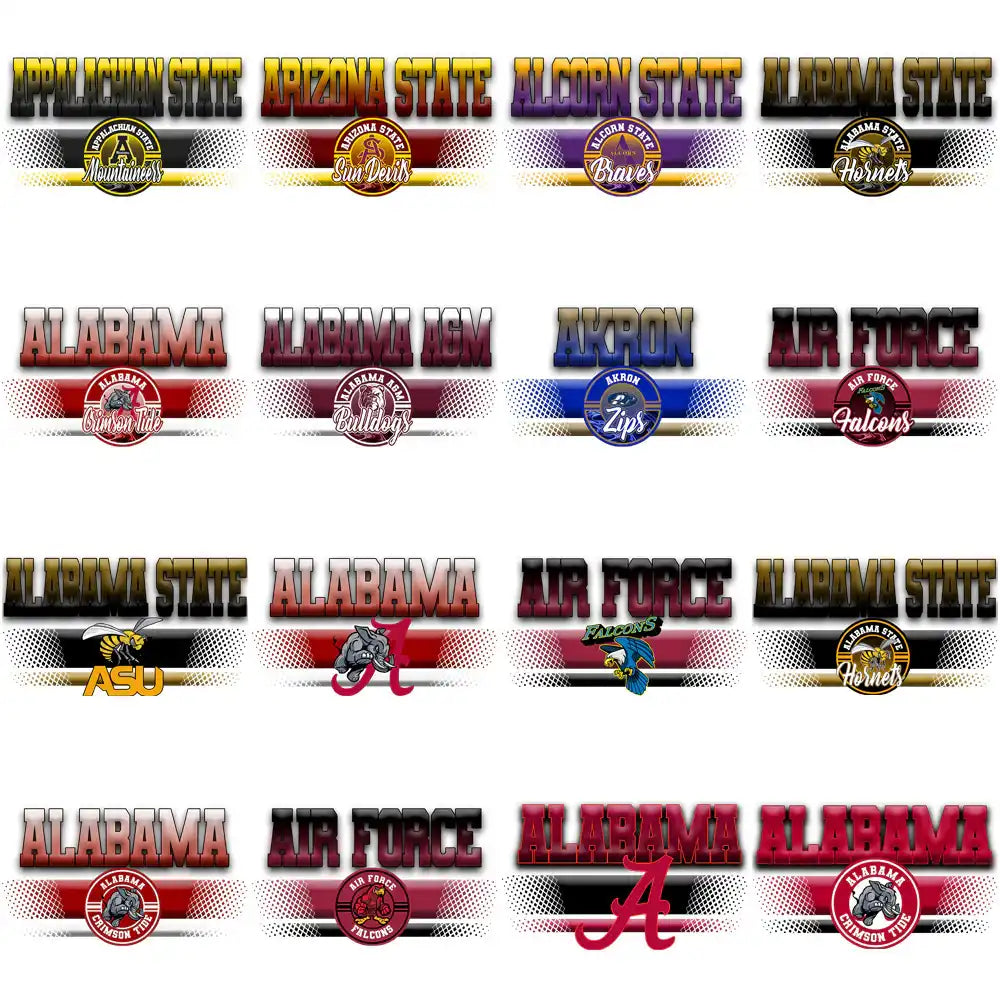College sports team logos for DTF/DTG printing, including Alabama, Akron, Air Force, and Appalachian State designs