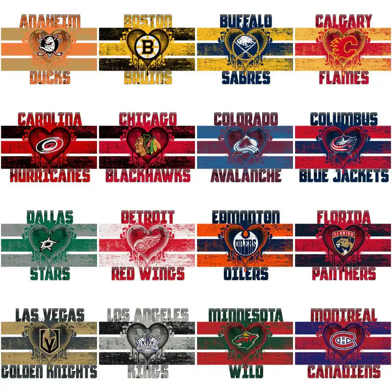 NHL team logos in heart designs with striped backgrounds for DTF/DTG and embroidery projects