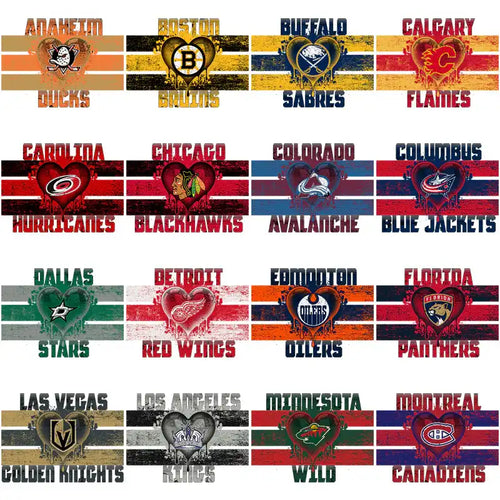 NHL team logos in heart designs with striped backgrounds for DTF/DTG and embroidery projects