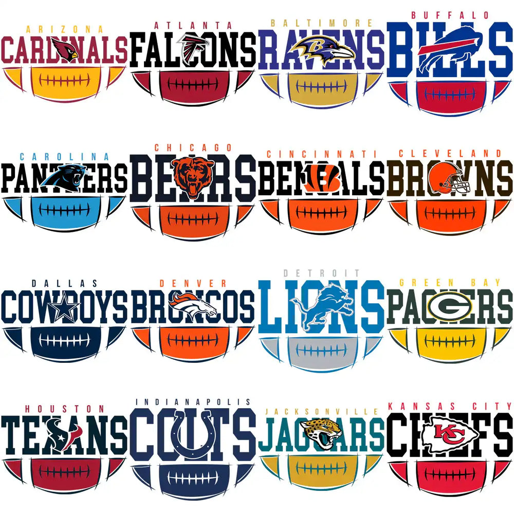 NFL team logos with football designs for DTF/DTG and embroidery bundles