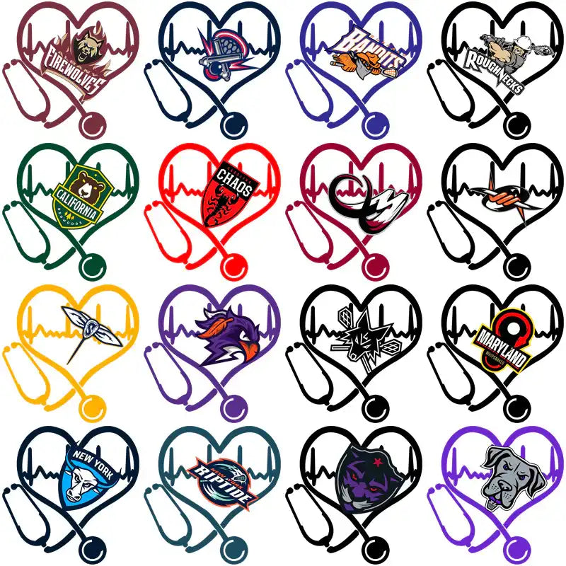 Heart-shaped stethoscope designs with sports team logos for DTF/DTG and embroidery projects