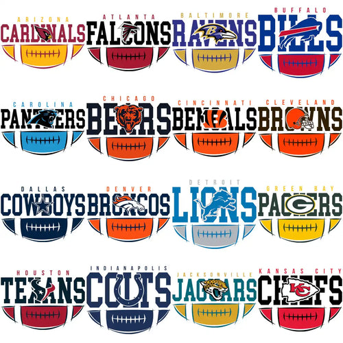 NFL team logos with football designs for DTF/DTG and embroidery bundles