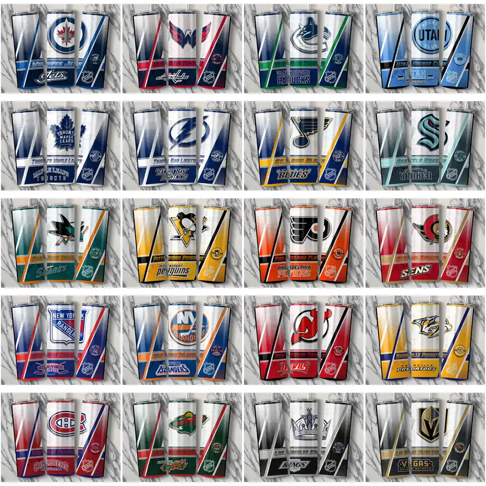 NHL team tumbler wraps featuring logos like Maple Leafs, Penguins, and Golden Knights for custom drinkware designs.