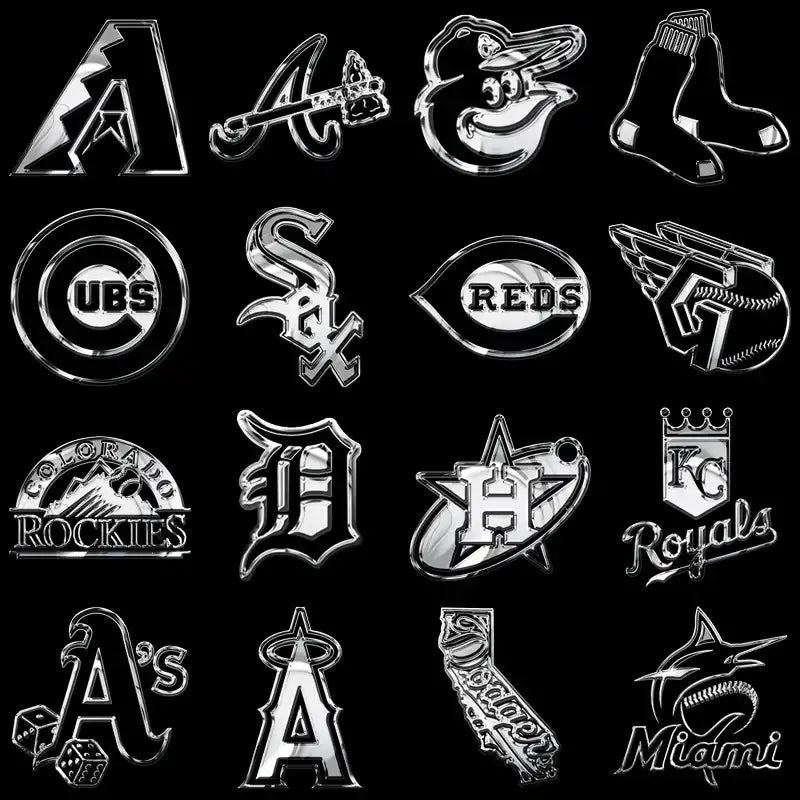 Metallic MLB team logos for DTF/DTG and embroidery designs, print-ready PNG, PES, SVG