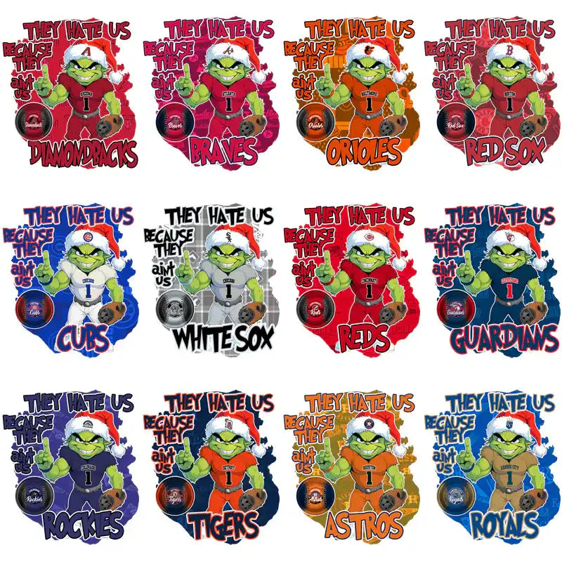 Baseball team holiday designs with green mascot, Santa hat, and 'They Hate Us' text for DTF/DTG printing