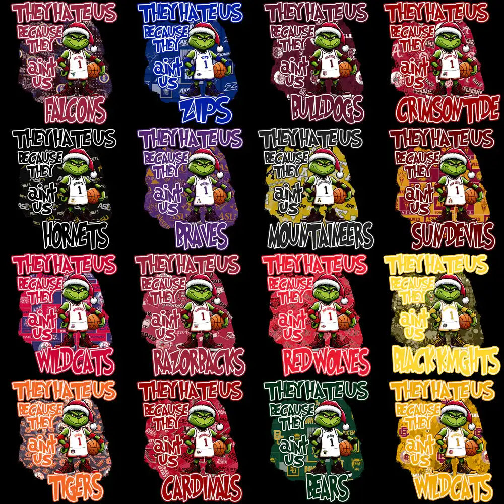 Grinch in Santa hat holding basketball, 'They Hate Us Because They Ain't Us' text with team names, print-ready design bundle