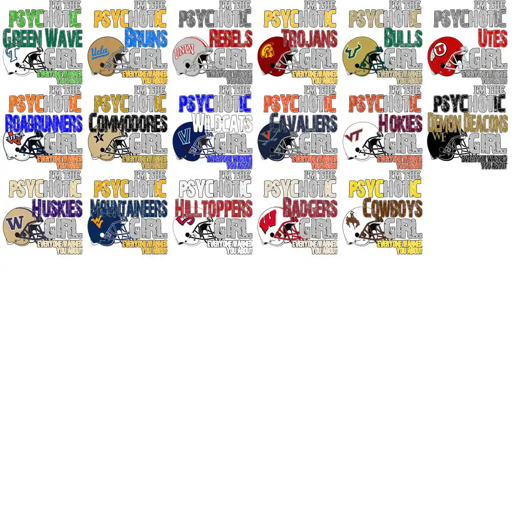 Psychotic Girl college football team designs with helmets, print-ready for DTF DTG apparel