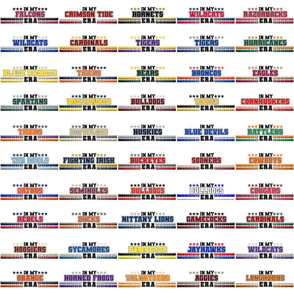 College sports team designs for DTF/DTG, embroidery, and tumbler wraps with vibrant colors and bold text.