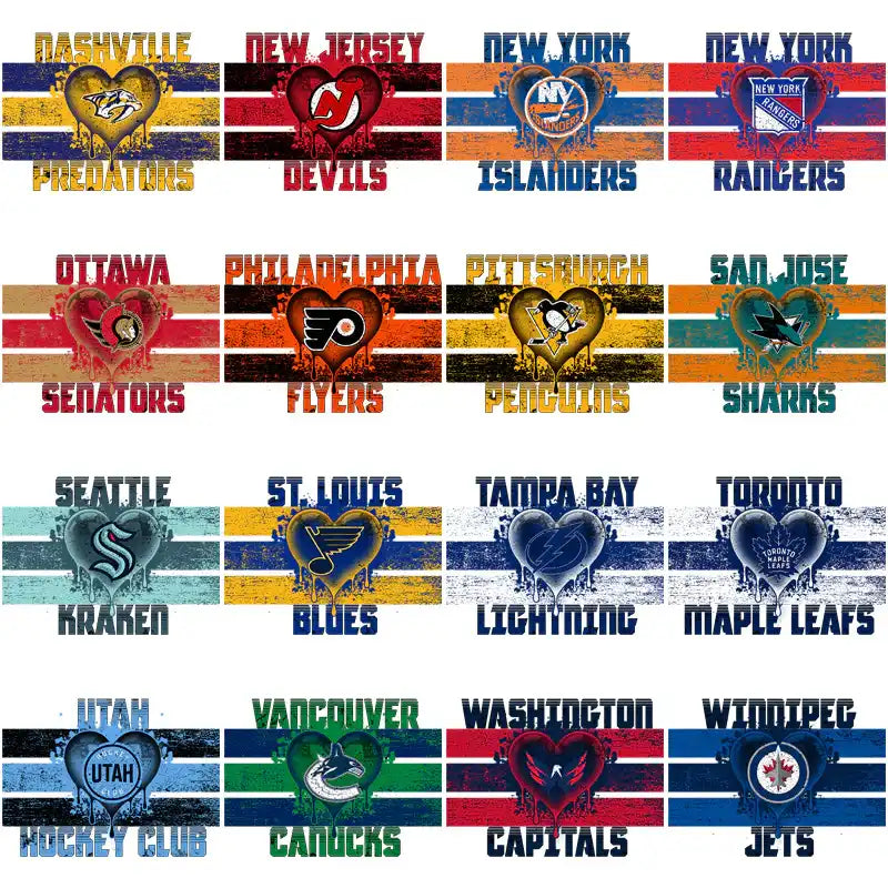 NHL team logos in heart designs with striped backgrounds for DTF/DTG printing