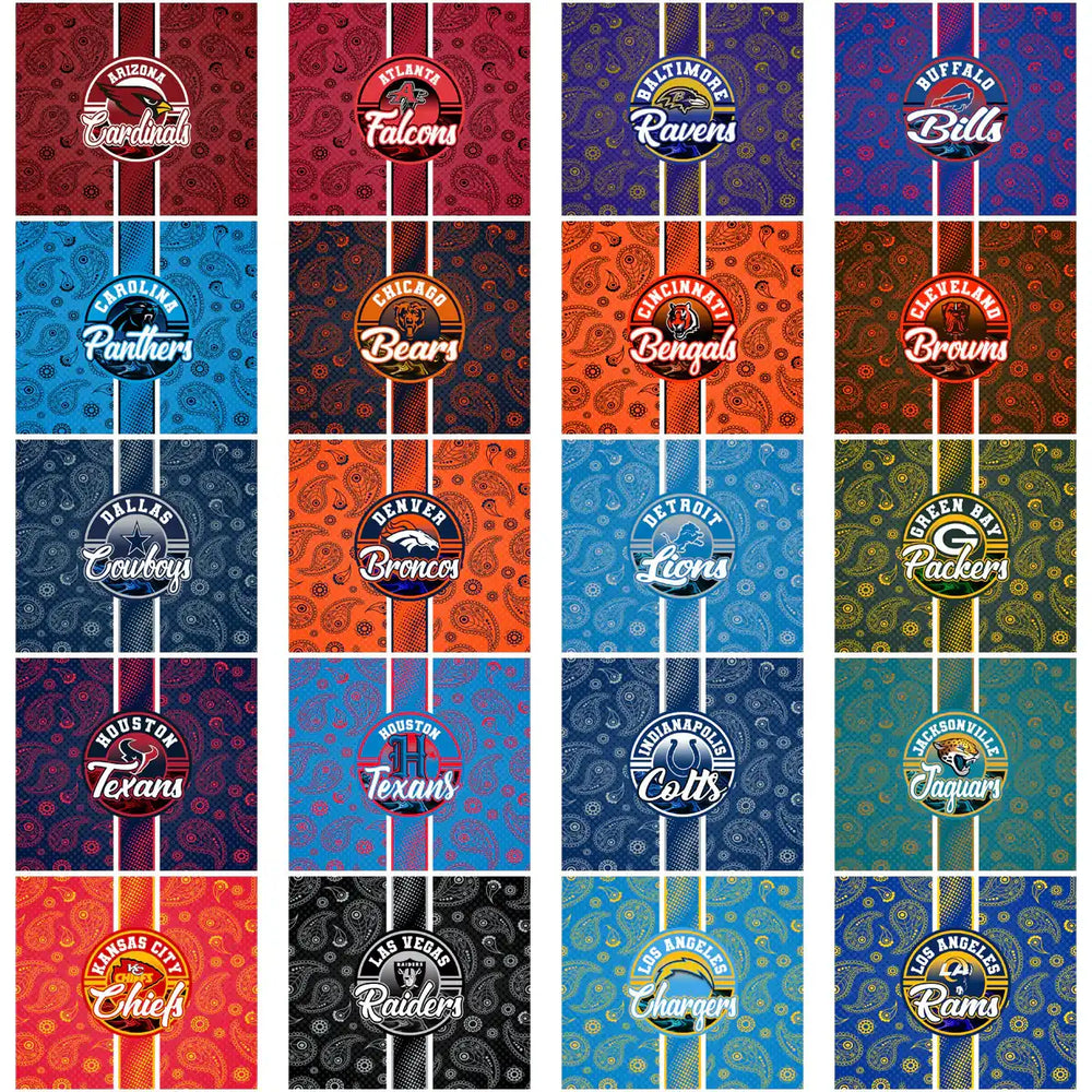 NFL team logos with paisley patterns for DTF/DTG designs, embroidery, and tumbler wraps.