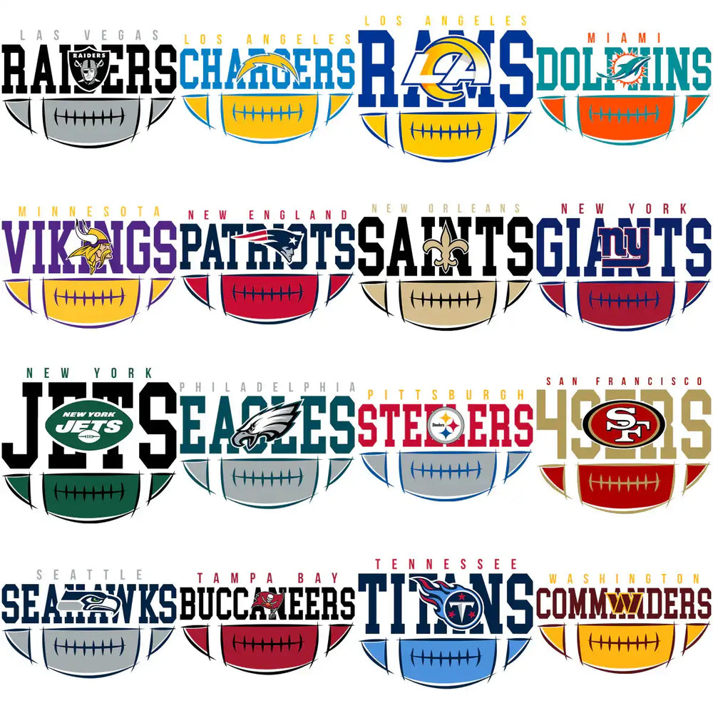 NFL team logos with football designs for DTF/DTG and embroidery print-ready bundles