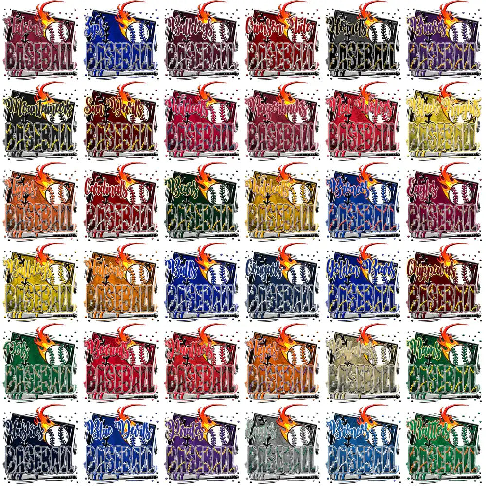 Baseball team designs with fiery effects, ideal for DTF/DTG and embroidery projects.