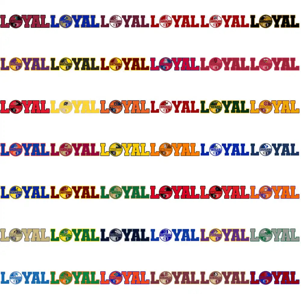 Loyal sports team wordmark designs in multiple colors and logos for DTF, DTG, embroidery, and tumbler wraps