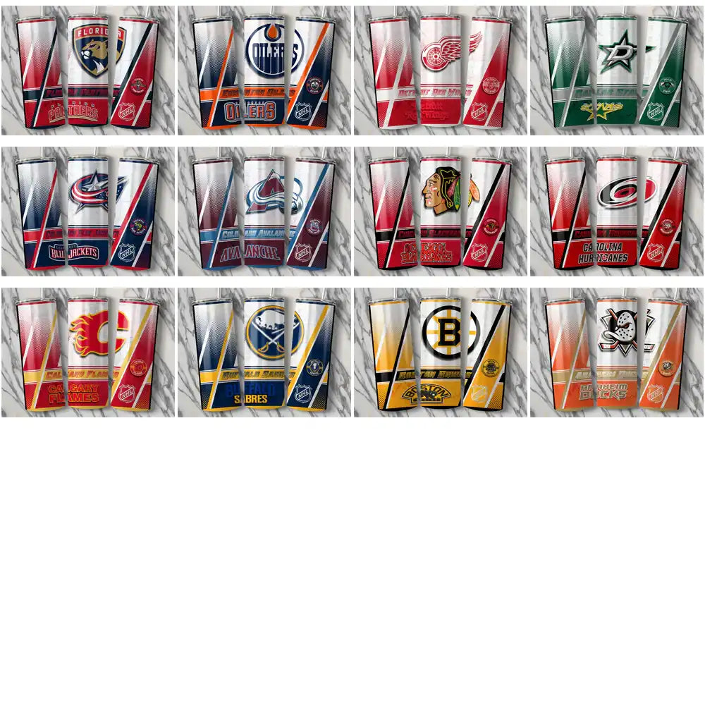 NHL team-themed tumbler wraps with vibrant logos and gradient designs for custom merchandise.