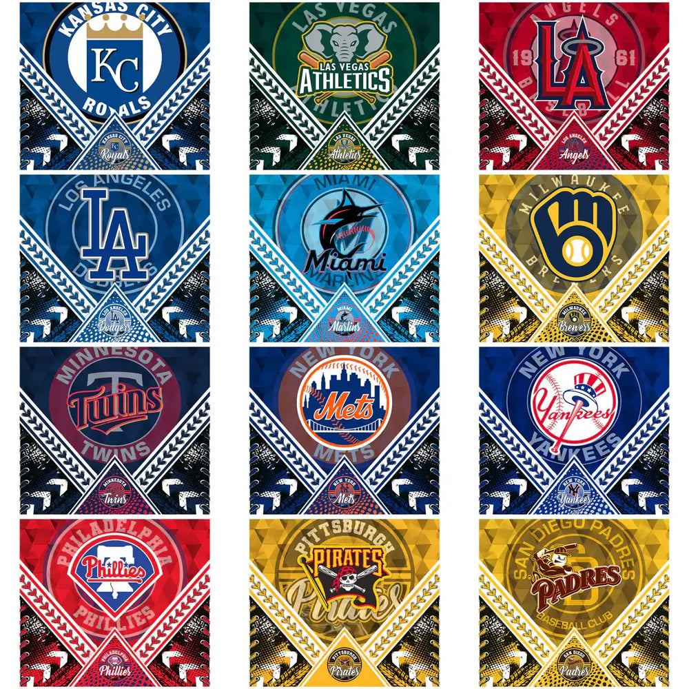 Baseball team logos including KC Royals, LA Angels, Yankees, Mets, and more for DTF/DTG designs