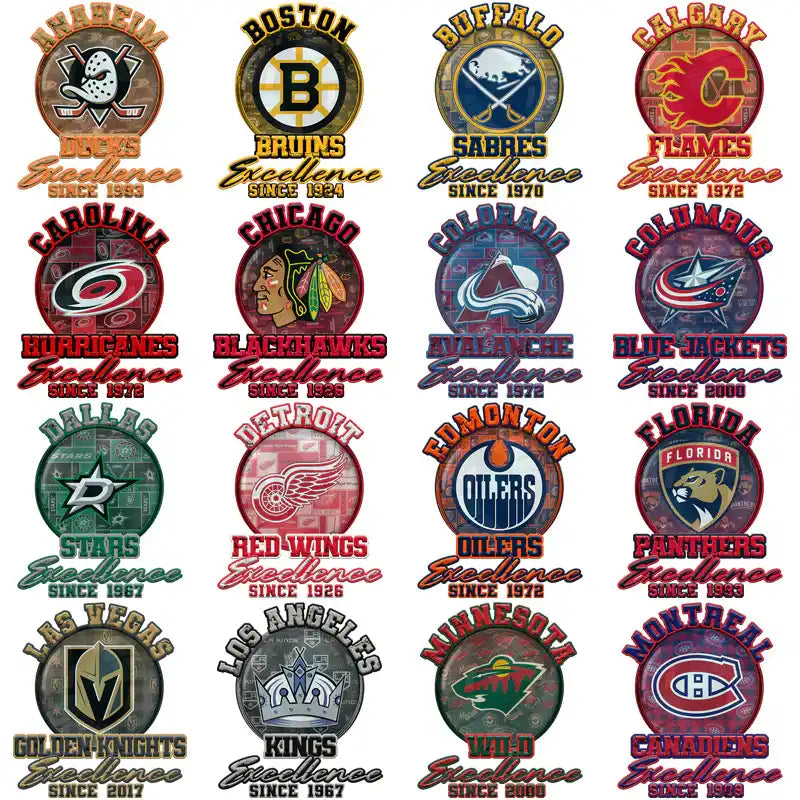 NHL team logos with 'Excellence Since' text, ideal for DTF/DTG and embroidery designs