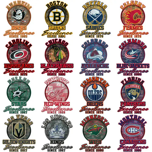 NHL team logos with 'Excellence Since' text, ideal for DTF/DTG and embroidery designs