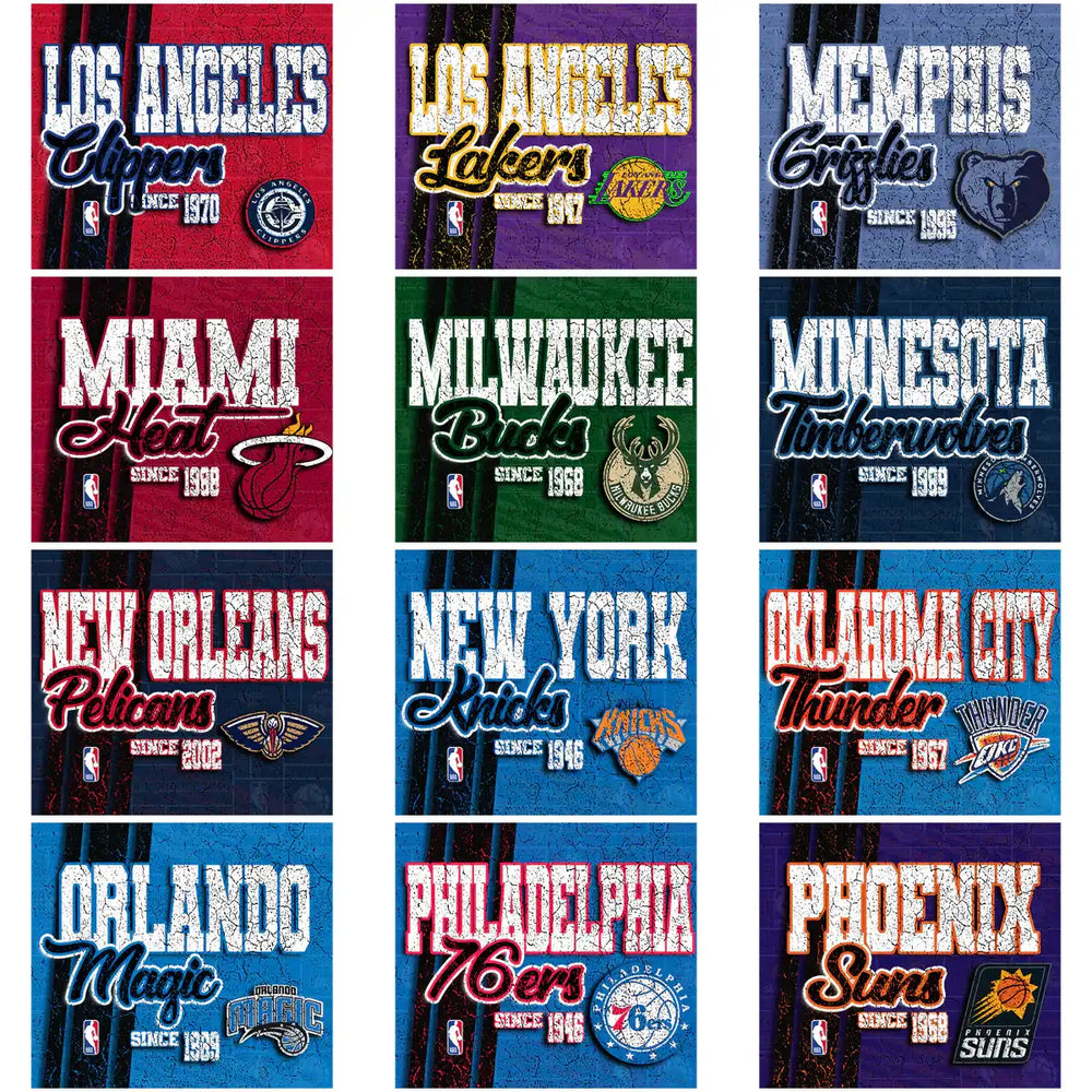NBA team logos with vintage cracked texture, print-ready for DTF, DTG, embroidery, tumbler wraps